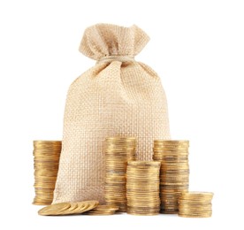 Photo of Bag and stacked coins isolated on white