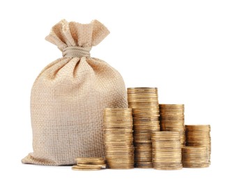 Photo of Bag and stacked coins isolated on white