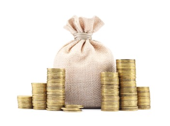 Photo of Bag and stacked coins isolated on white