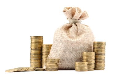Photo of Bag and stacked coins isolated on white