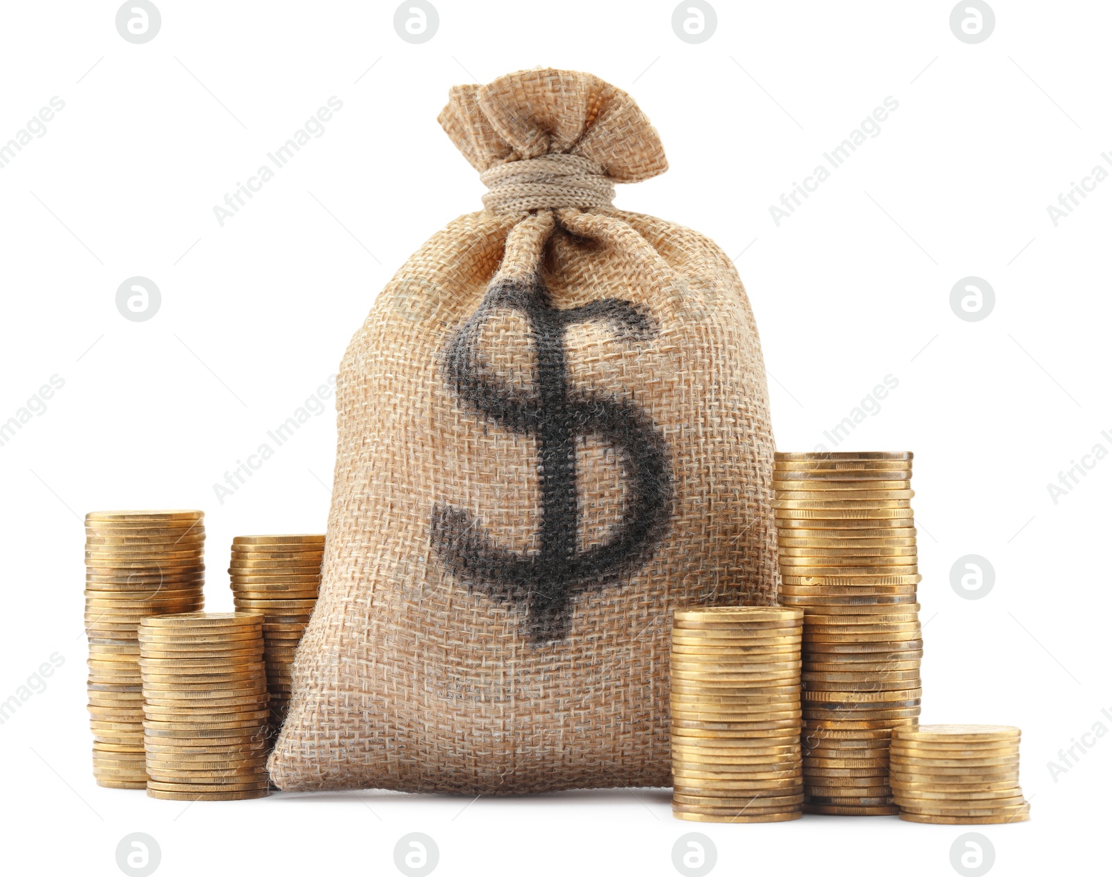 Bag with dollar sign and coins isolated on white Photo of Bag with dollar sign and coins isolated on white
