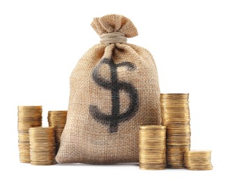 Photo of Bag with dollar sign and coins isolated on white