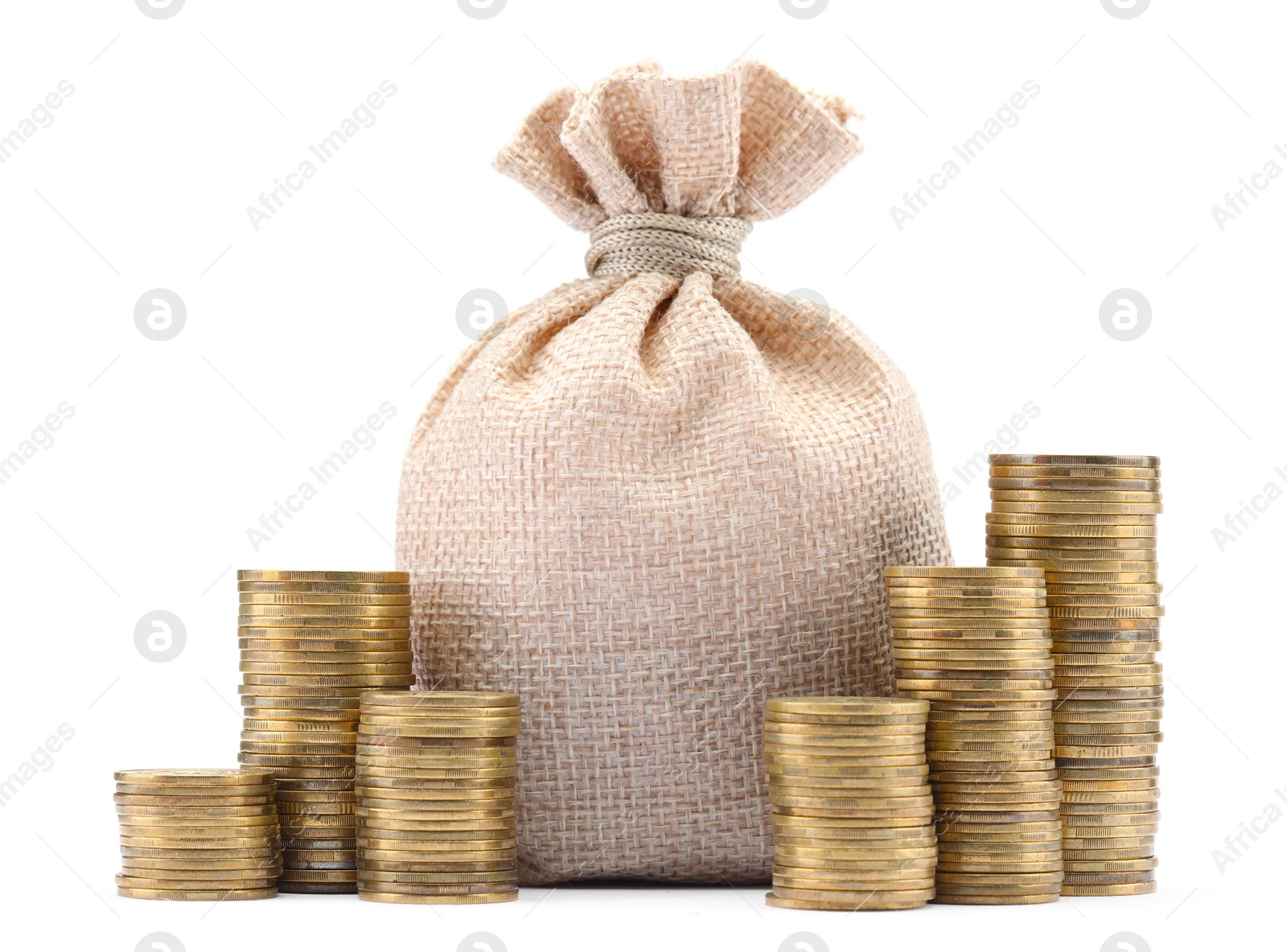 Photo of Bag and stacked coins isolated on white