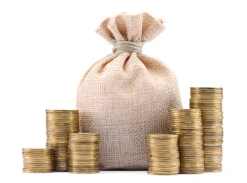 Photo of Bag and stacked coins isolated on white