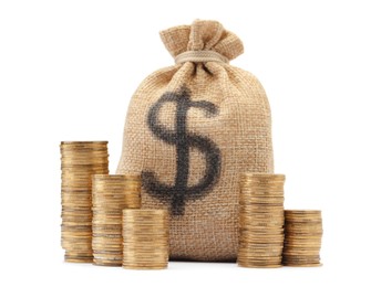 Photo of Bag with dollar sign and coins isolated on white