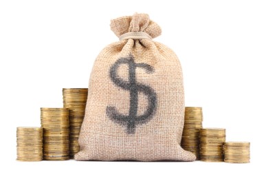 Photo of Bag with dollar sign and coins isolated on white
