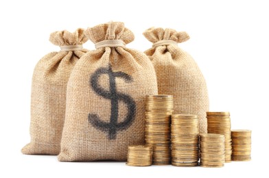 Photo of Bags with dollar sign and coins isolated on white
