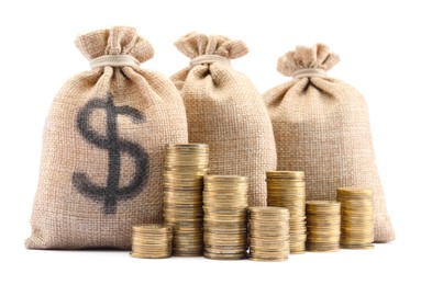 Photo of Bags with dollar sign and coins isolated on white