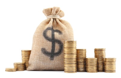 Photo of Bag with dollar sign and coins isolated on white