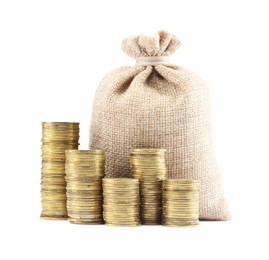 Photo of Bag and stacked coins isolated on white