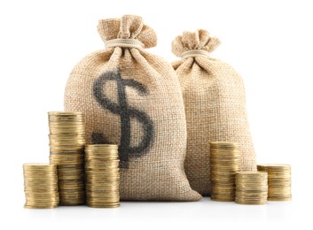 Photo of Bags with dollar sign and coins isolated on white