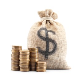 Photo of Bag with dollar sign and coins isolated on white