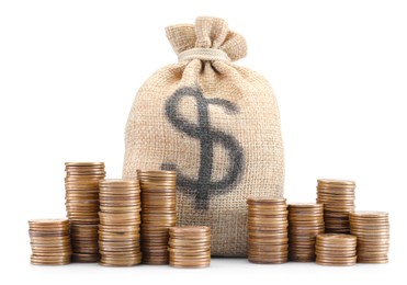 Photo of Bag with dollar sign and coins isolated on white