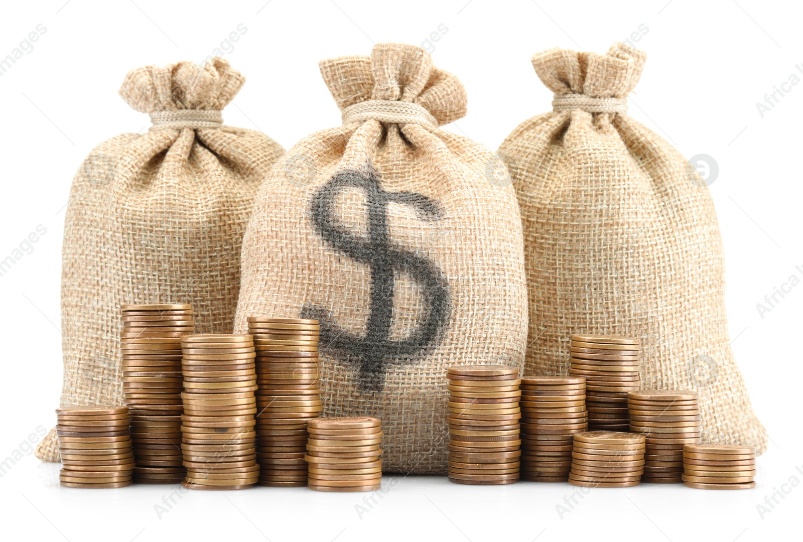 Photo of Bags with dollar sign and coins isolated on white