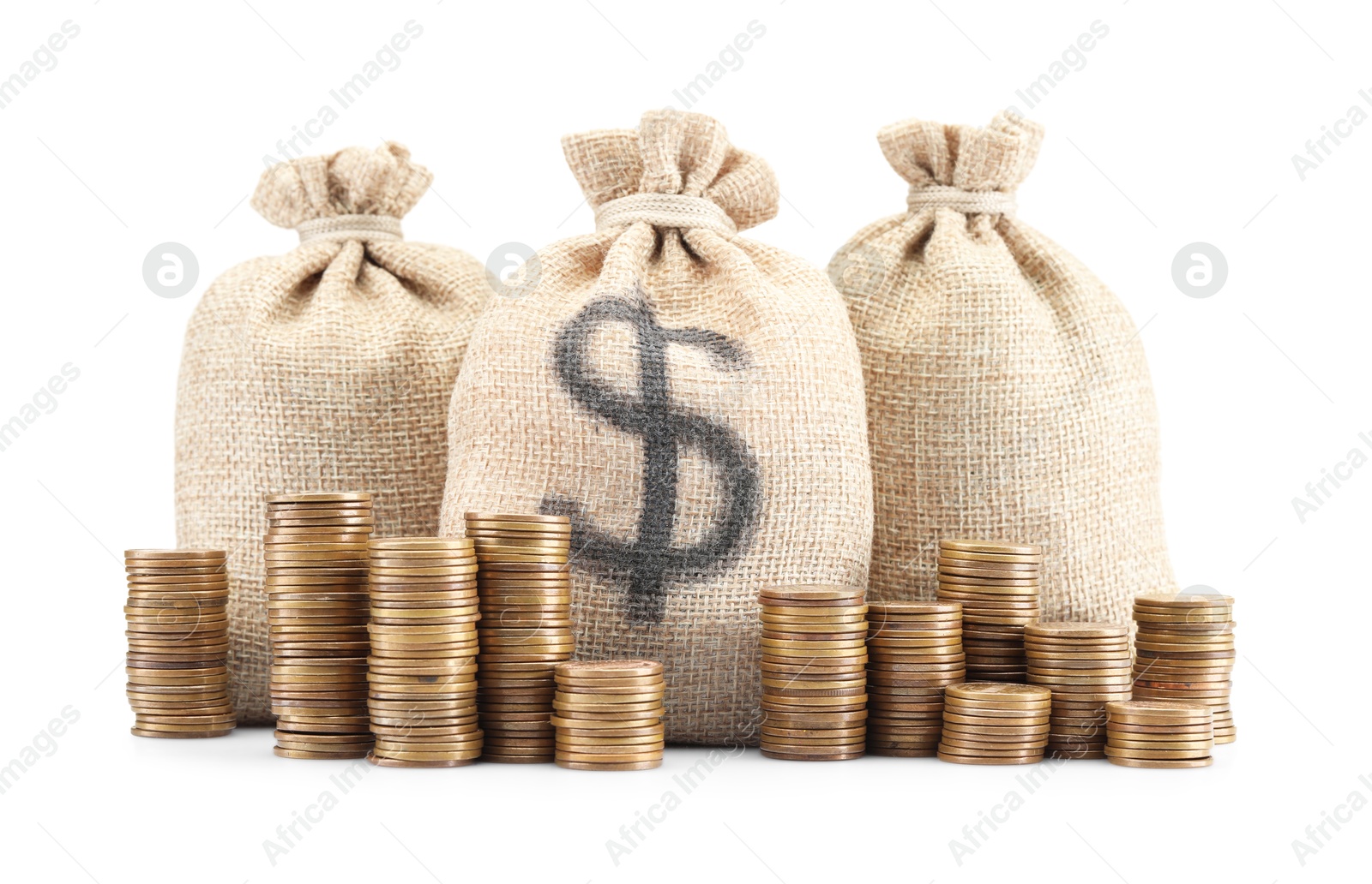 Bags with dollar sign and coins isolated on white Photo of Bags with dollar sign and coins isolated on white