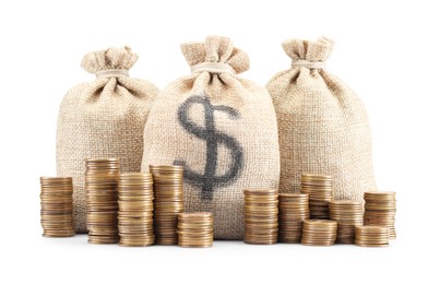 Photo of Bags with dollar sign and coins isolated on white