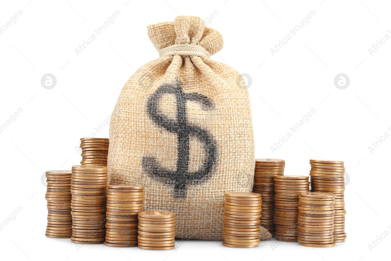Bag with dollar sign and coins isolated on white Photo of Bag with dollar sign and coins isolated on white