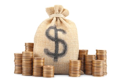 Photo of Bag with dollar sign and coins isolated on white