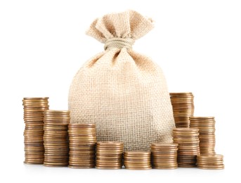 Photo of Bag and stacked coins isolated on white
