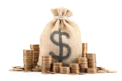Photo of Bag with dollar sign and coins isolated on white