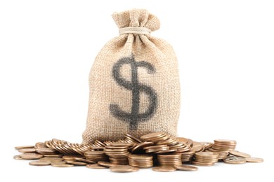 Photo of Bag with dollar sign and coins isolated on white