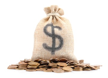 Photo of Bag with dollar sign and coins isolated on white
