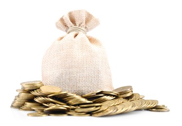 Photo of Bag and heap of coins isolated on white
