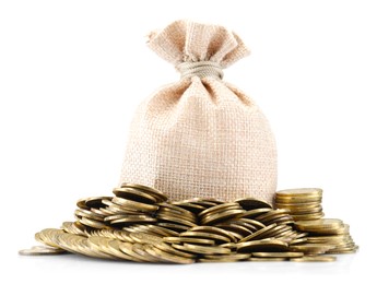 Photo of Bag and heap of coins isolated on white