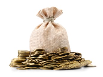 Photo of Bag and heap of coins isolated on white