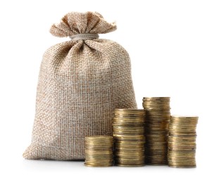 Photo of Bag and stacked coins isolated on white