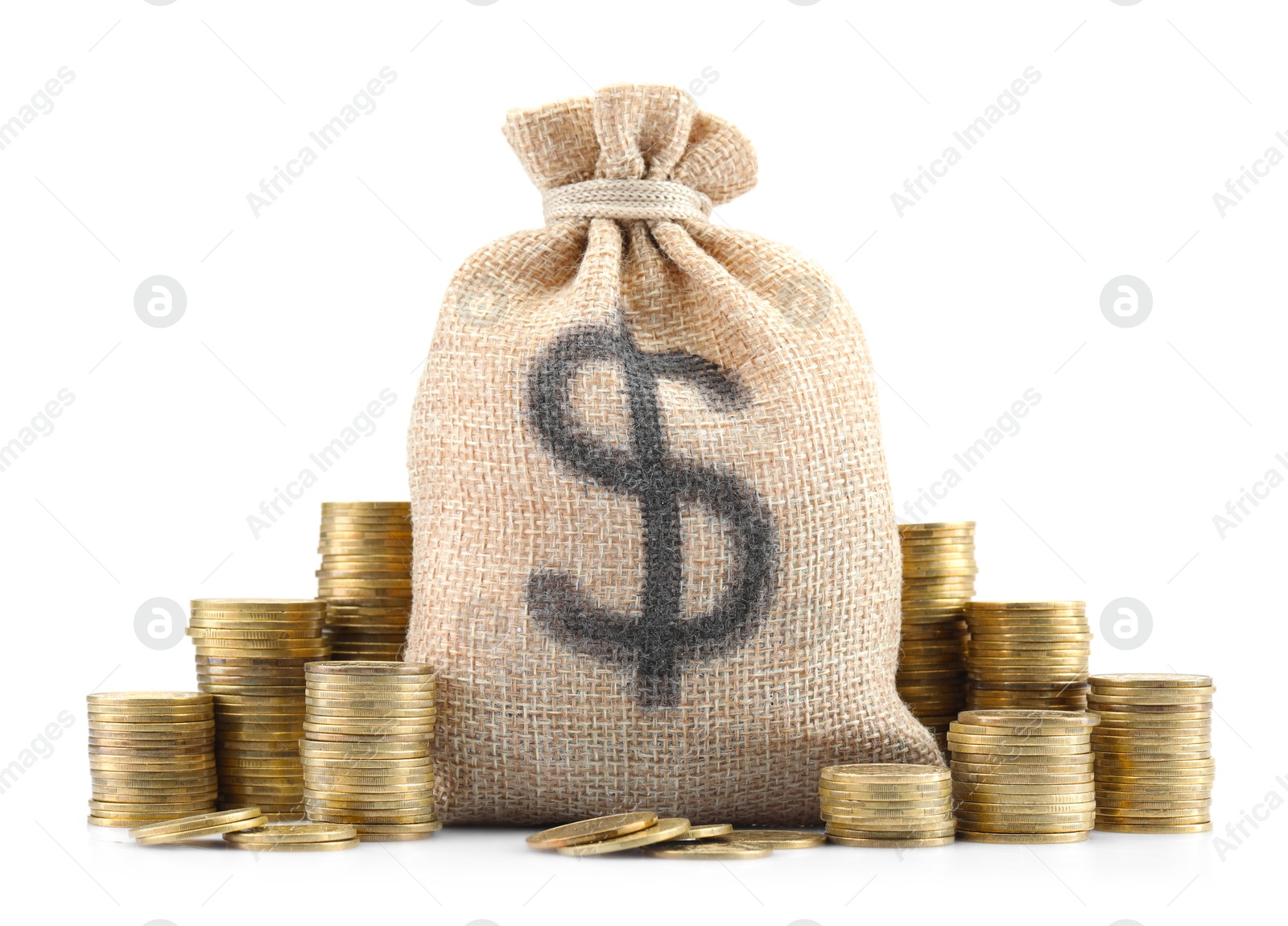 Photo of Bag with dollar sign and coins isolated on white