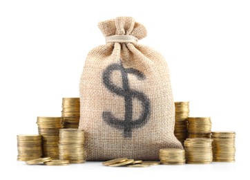 Photo of Bag with dollar sign and coins isolated on white