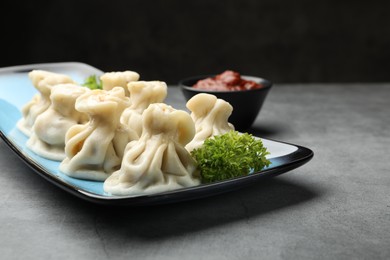 Photo of Delicious khinkali served on grey table, closeup