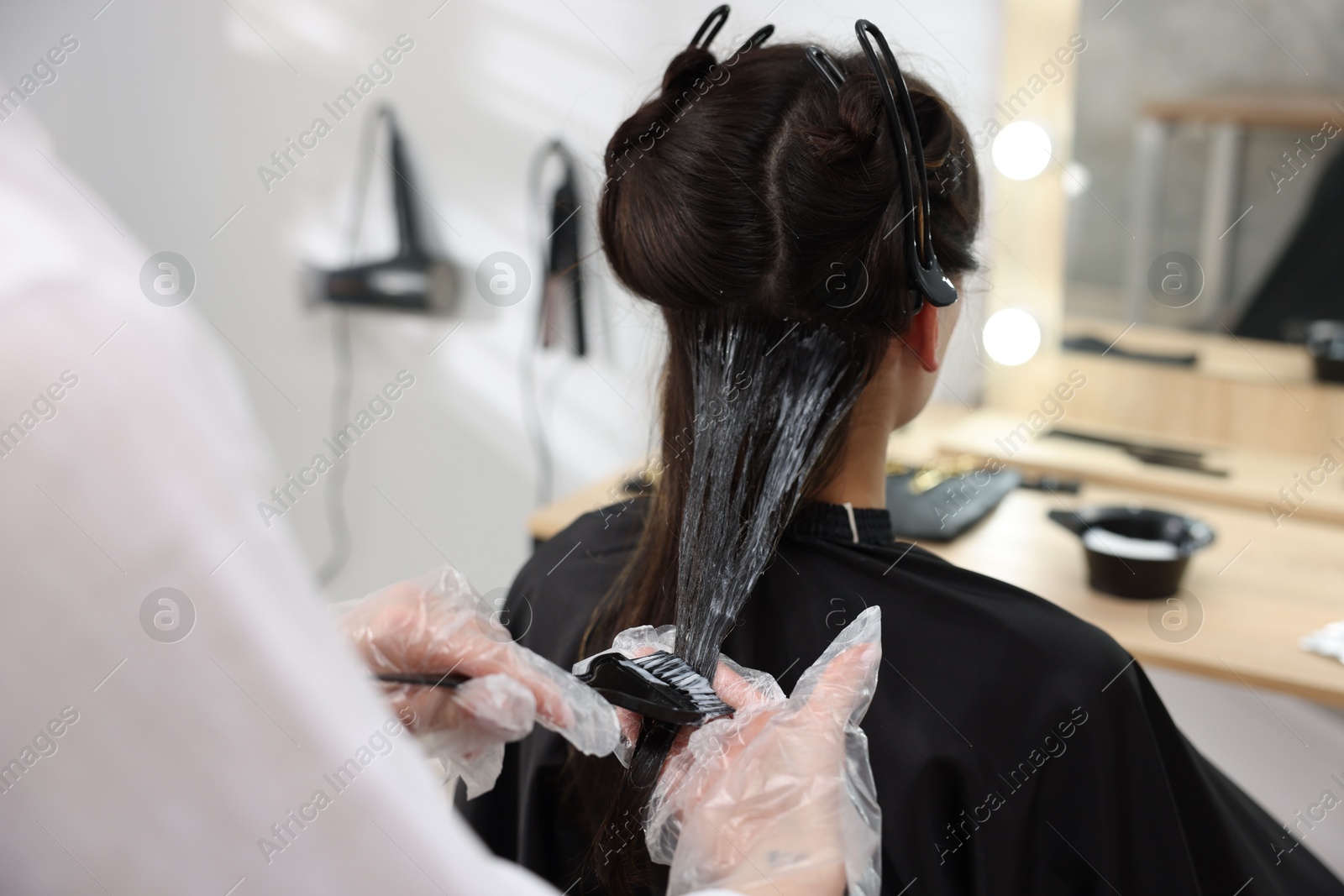 Hairdresser dyeing woman's hair in salon, closeup Photo of Hairdresser dyeing woman's hair in salon, closeup
