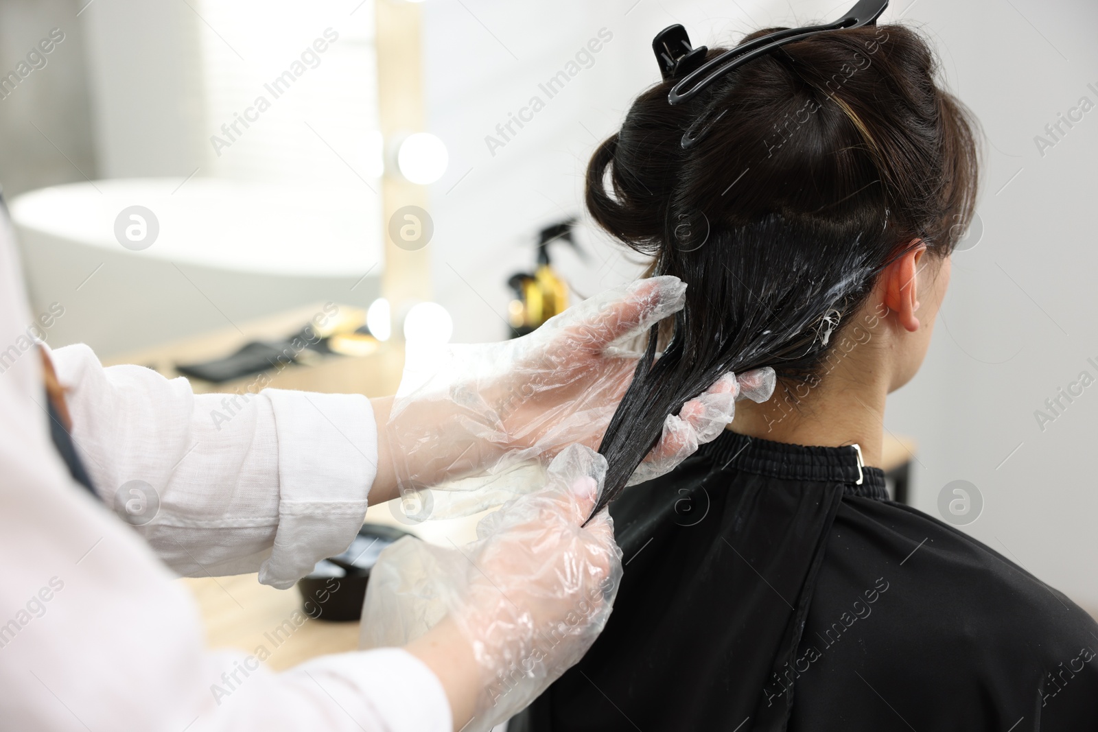 Hairdresser dyeing woman's hair in salon, closeup Photo of Hairdresser dyeing woman's hair in salon, closeup
