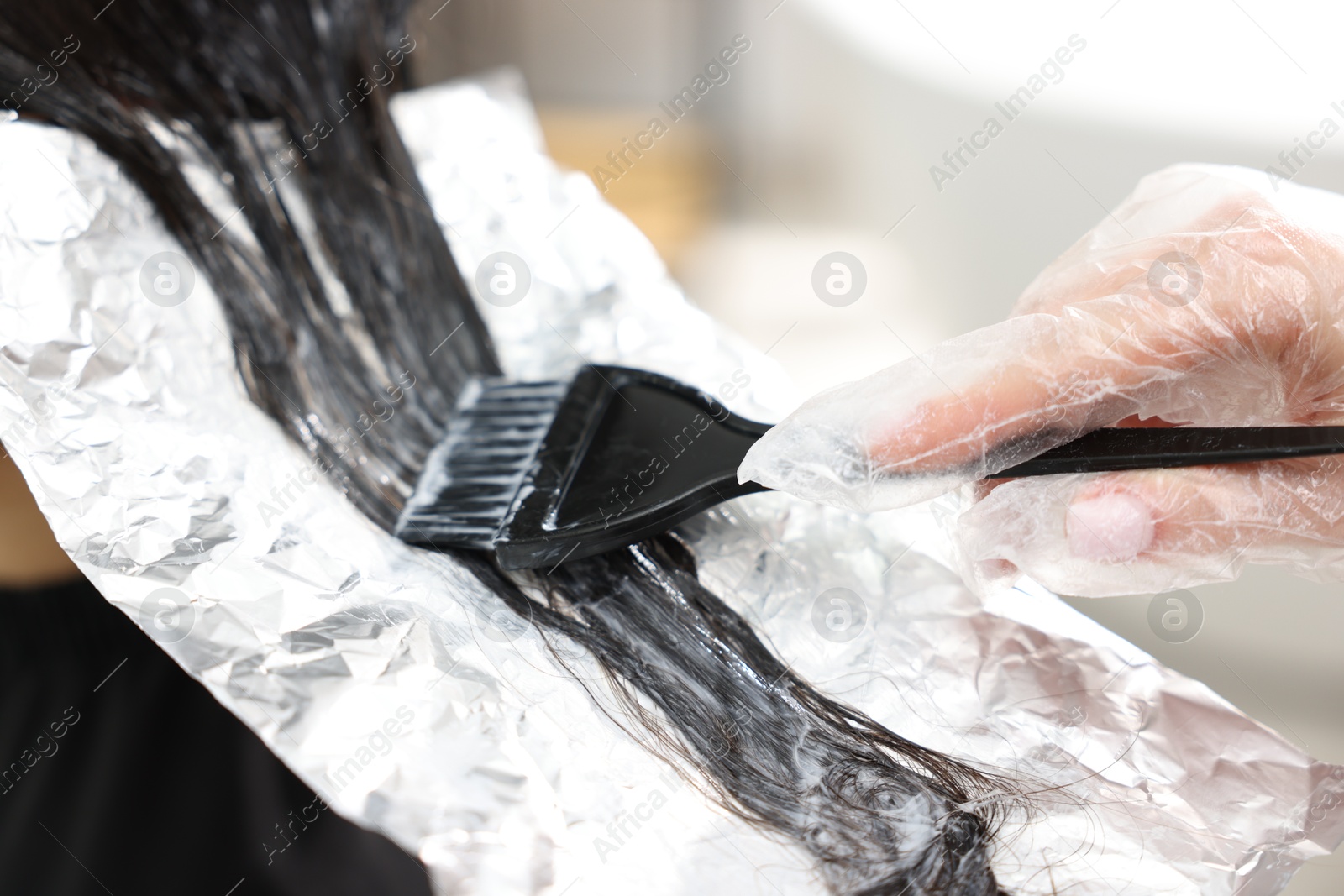 Hairdresser dyeing woman's hair in salon, closeup Photo of Hairdresser dyeing woman's hair in salon, closeup
