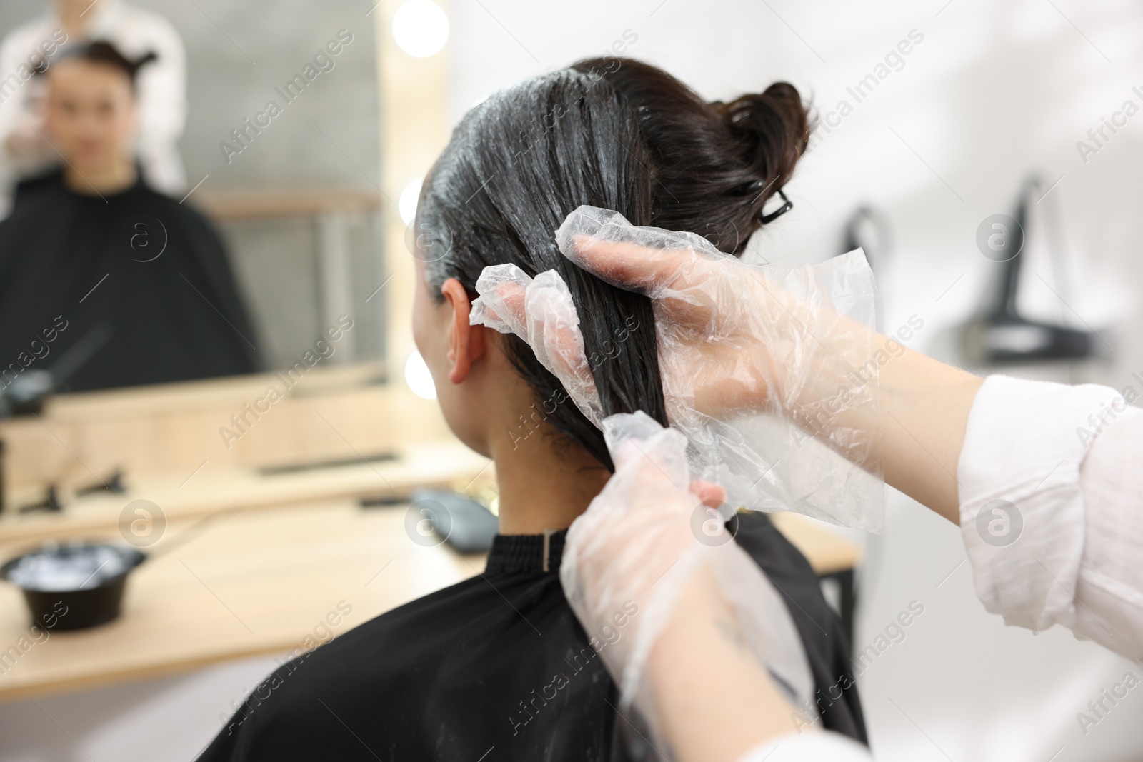 Hairdresser dyeing woman's hair in salon, closeup Photo of Hairdresser dyeing woman's hair in salon, closeup