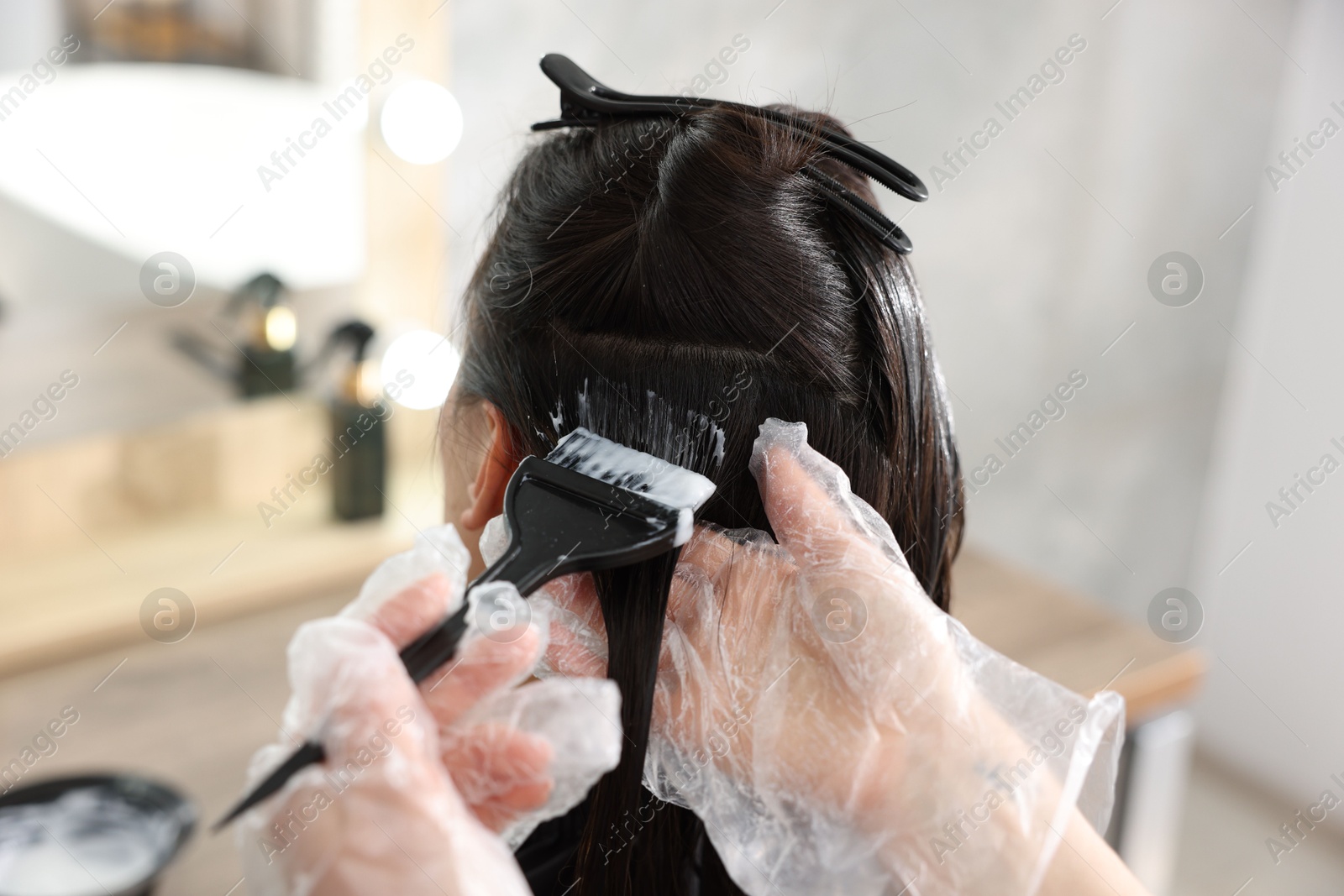 Hairdresser dyeing woman's hair in salon, closeup Photo of Hairdresser dyeing woman's hair in salon, closeup