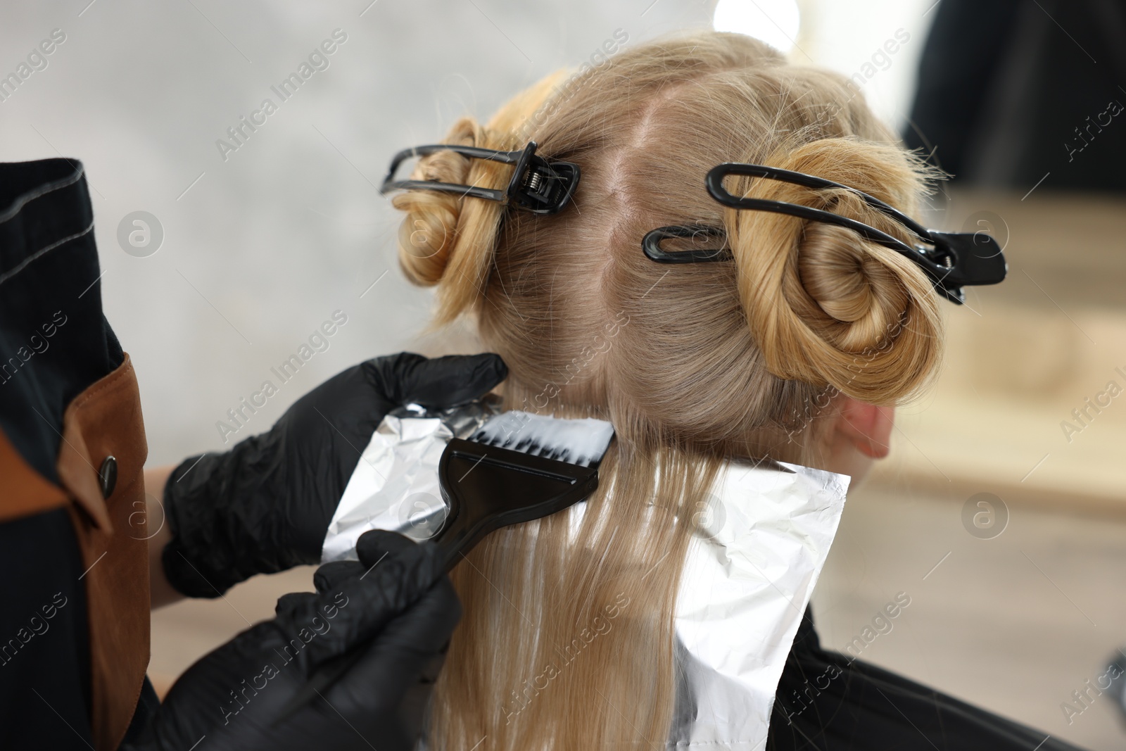 Hairdresser applying dye on woman's hair in salon, closeup Photo of Hairdresser applying dye on woman's hair in salon, closeup