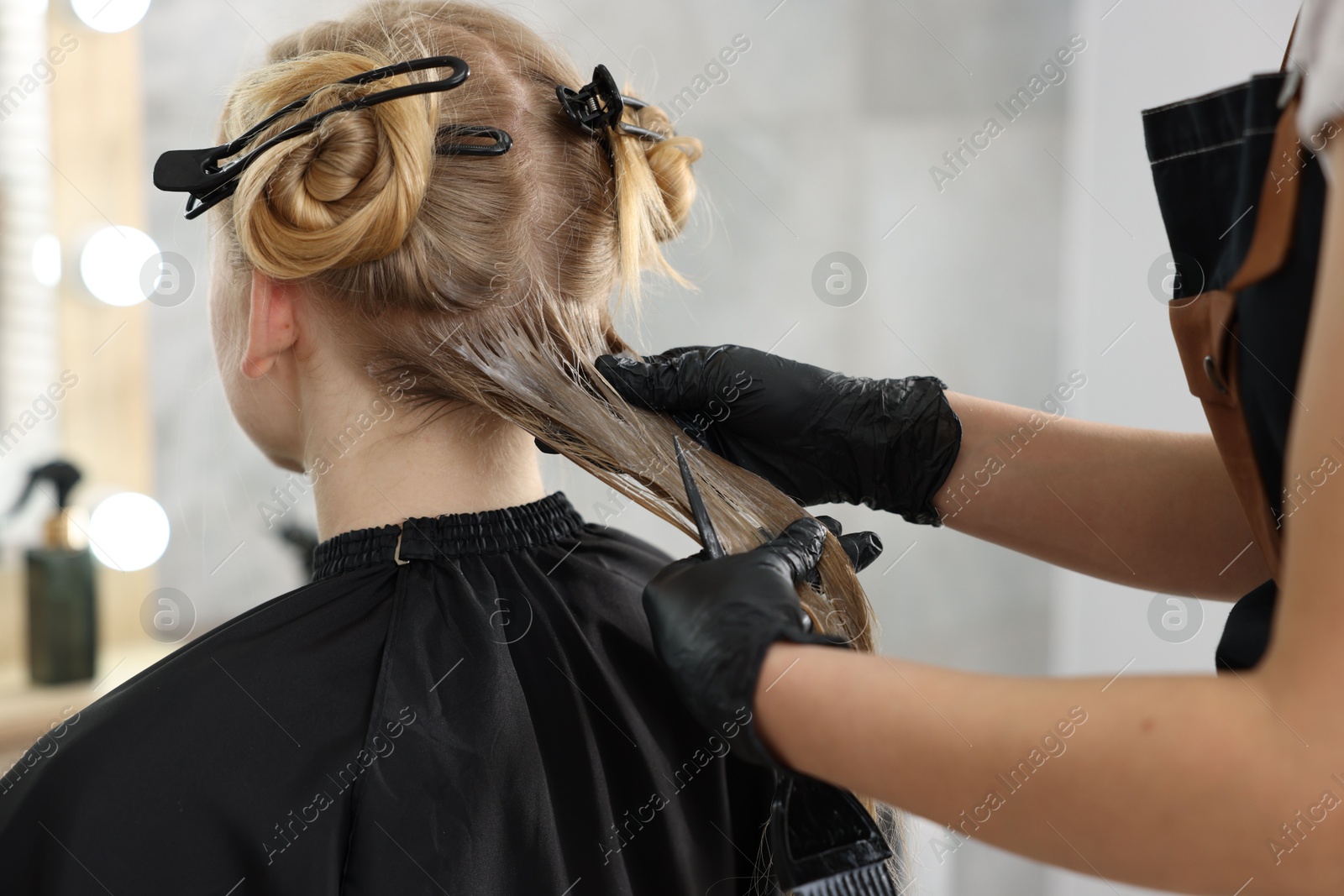 Hairdresser applying dye on woman's hair in salon, closeup Photo of Hairdresser applying dye on woman's hair in salon, closeup