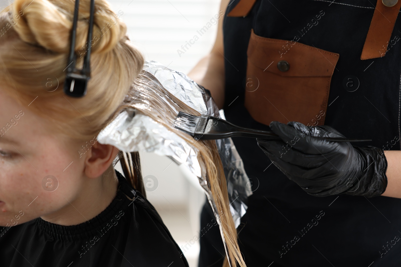 Hairdresser applying dye on woman's hair in salon, closeup Photo of Hairdresser applying dye on woman's hair in salon, closeup