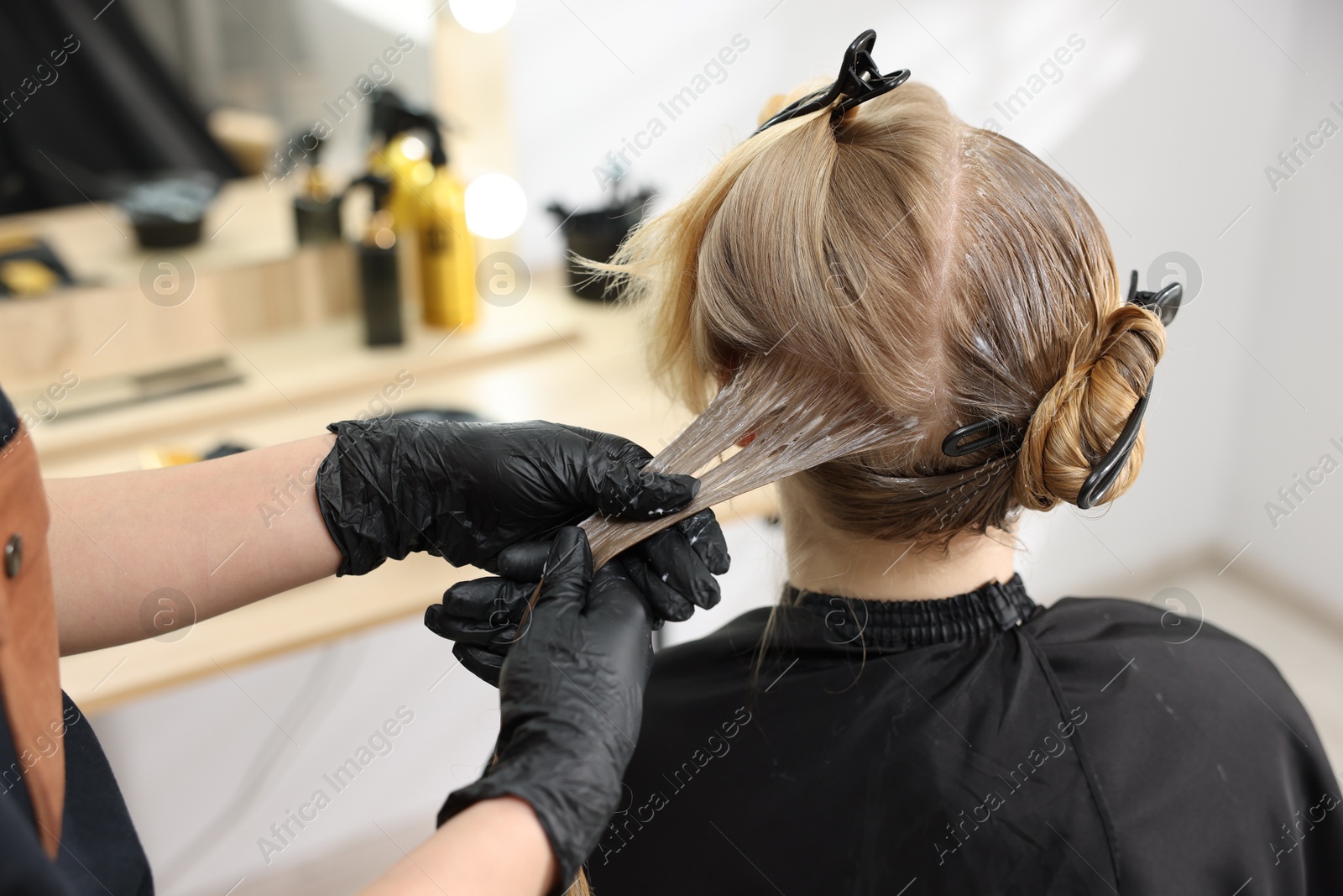 Hairdresser applying dye on woman's hair in salon, closeup Photo of Hairdresser applying dye on woman's hair in salon, closeup