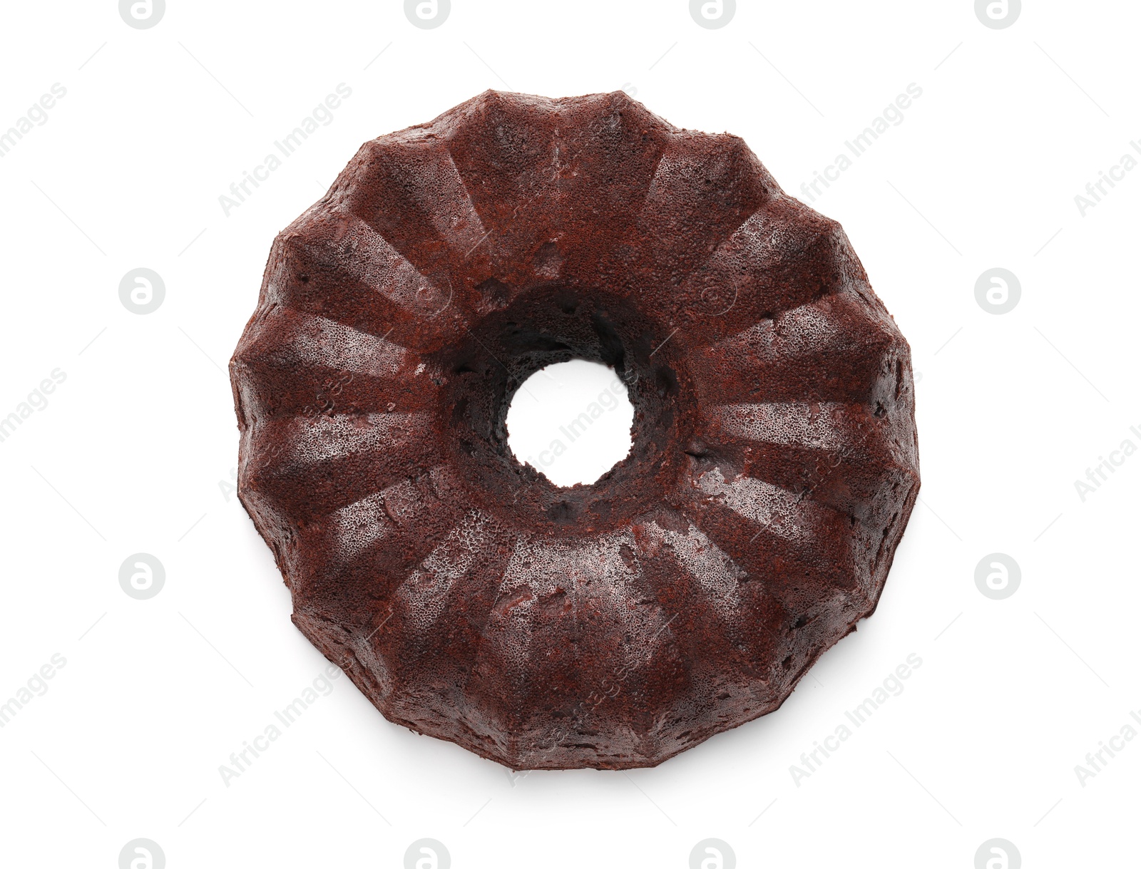 Tasty chocolate bundt cake isolated on white, top view Photo of Tasty chocolate bundt cake isolated on white, top view