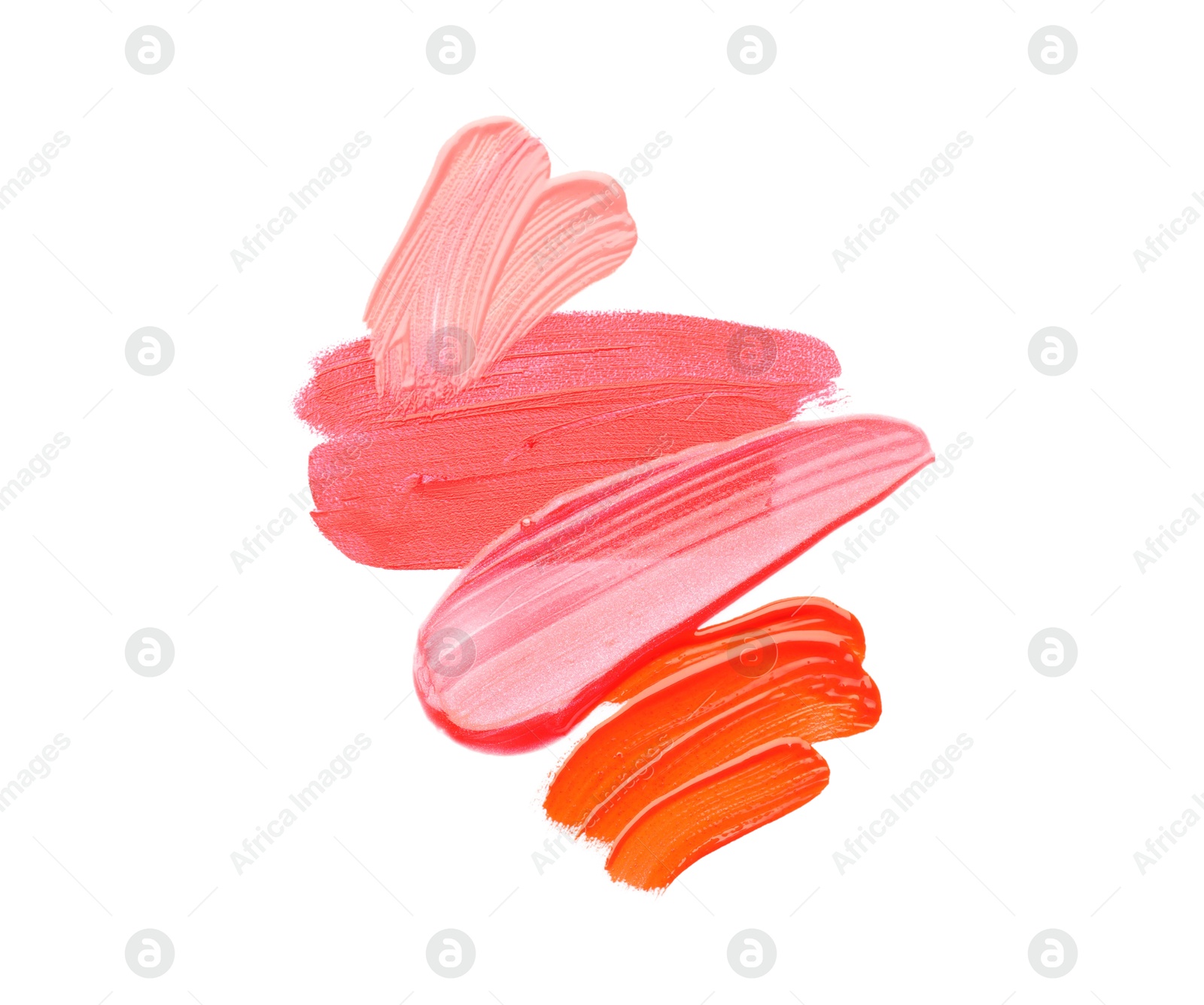 Samples of different lipsticks isolated on white, top view Photo of Samples of different lipsticks isolated on white, top view