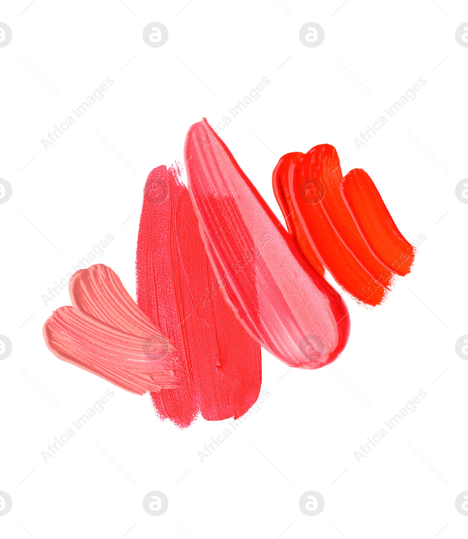 Samples of different lipsticks isolated on white, top view Photo of Samples of different lipsticks isolated on white, top view