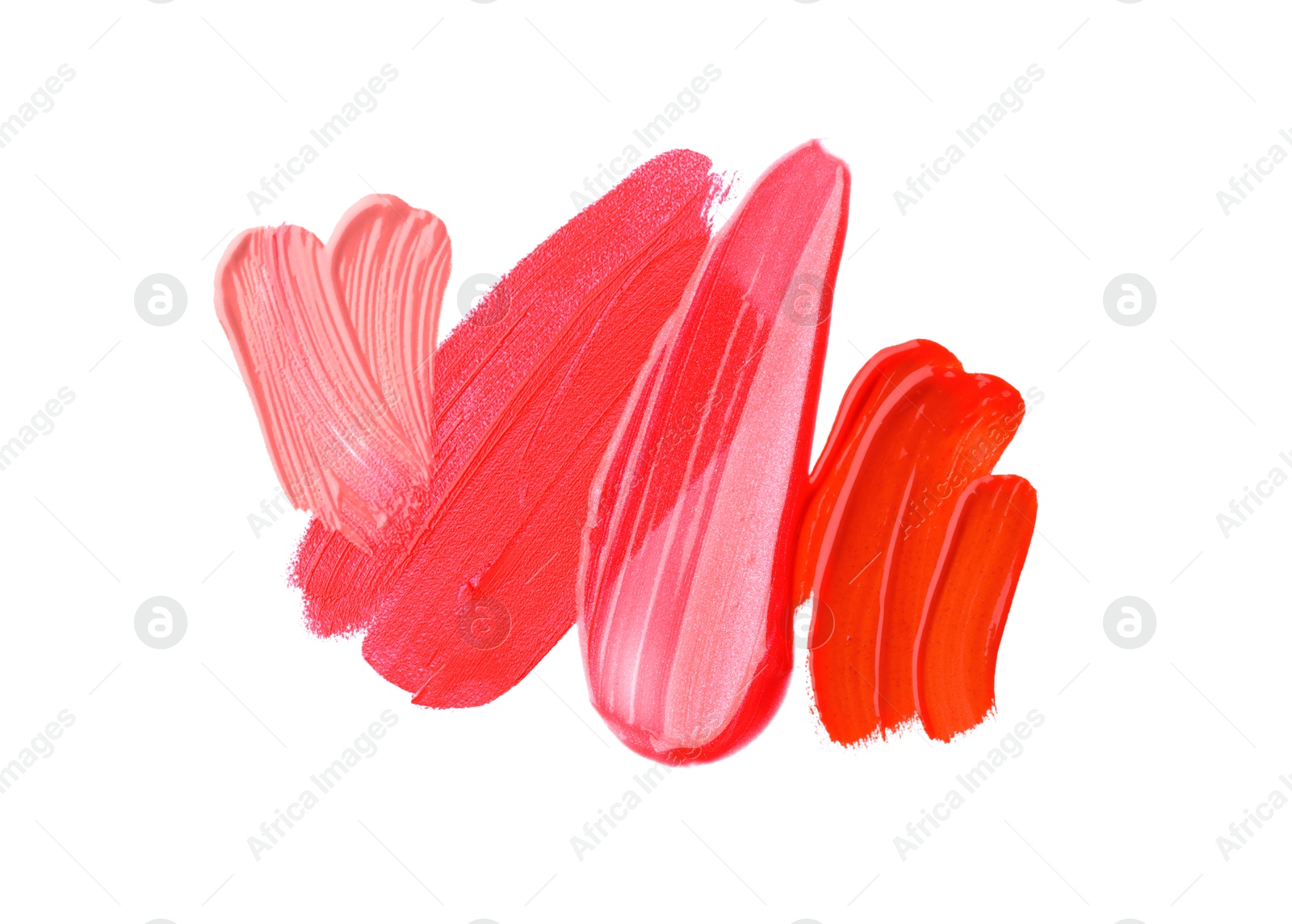 Samples of different lipsticks isolated on white, top view Photo of Samples of different lipsticks isolated on white, top view