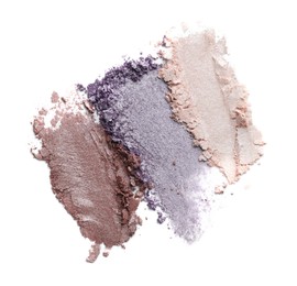 Photo of Samples of beautiful eyeshadows isolated on white, top view