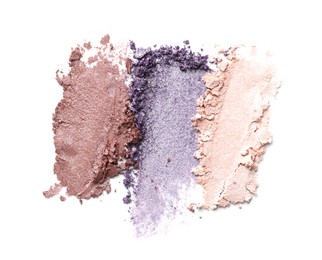 Photo of Samples of beautiful eyeshadows isolated on white, top view
