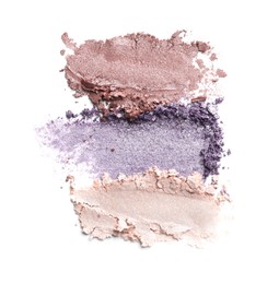 Photo of Samples of beautiful eyeshadows isolated on white, top view