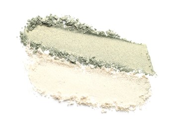 Photo of Samples of beautiful eyeshadows isolated on white, top view